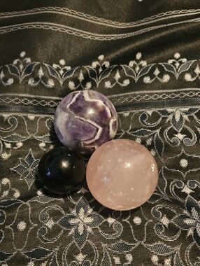 Set of Three Decorative Crystal Spheres - Purple, Pink, Black